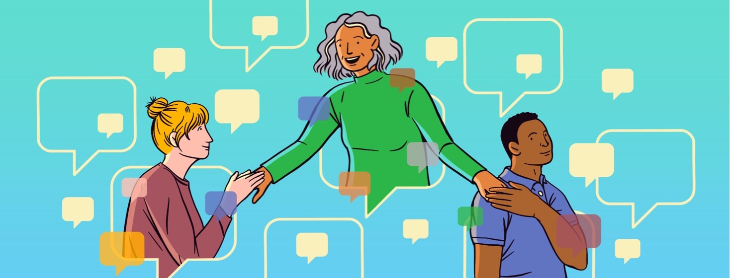 A group of people connecting online through individual speech bubbles.