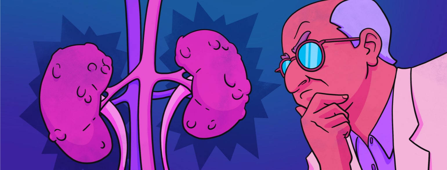 An older male doctor stares intensely at a pair of diseased kidneys