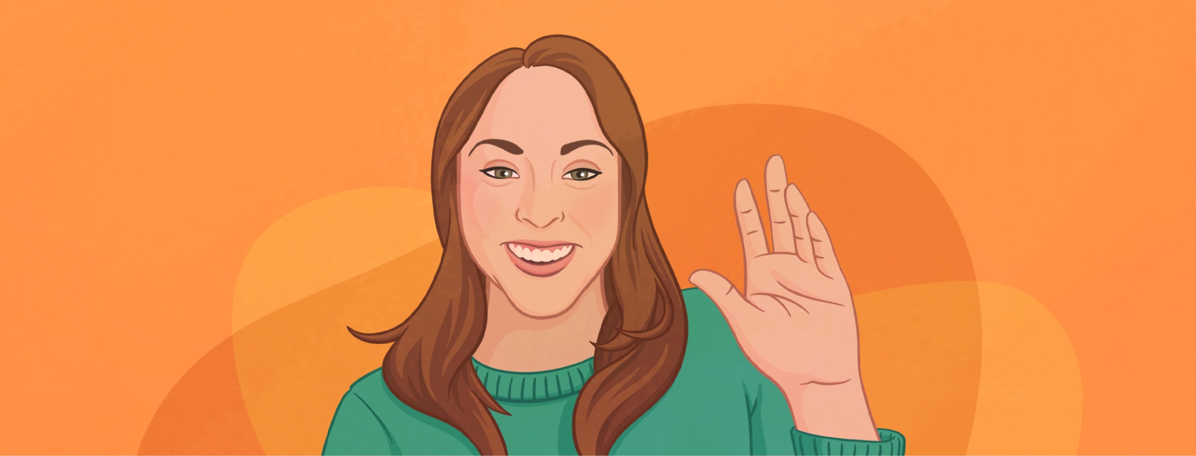 Claire Sachs waves against an orange background