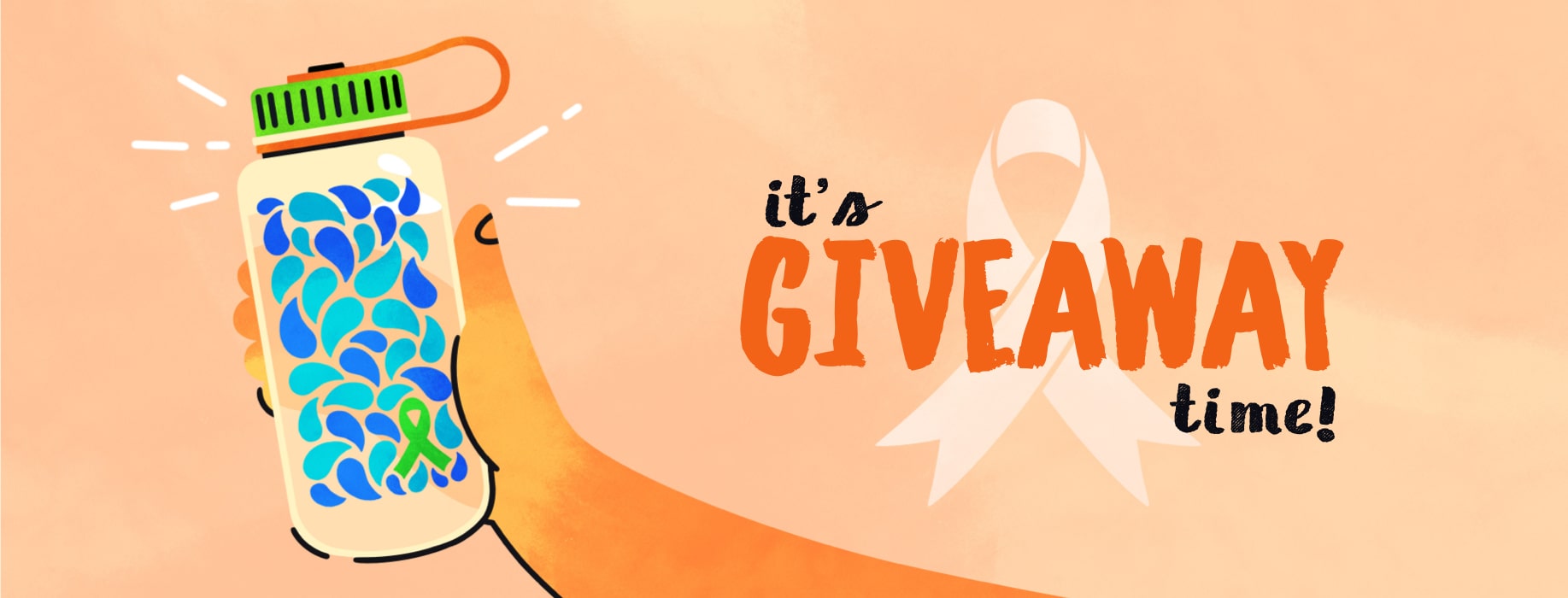 An illustrated hand holding up a Nalgene bottle for a community giveaway opportunity