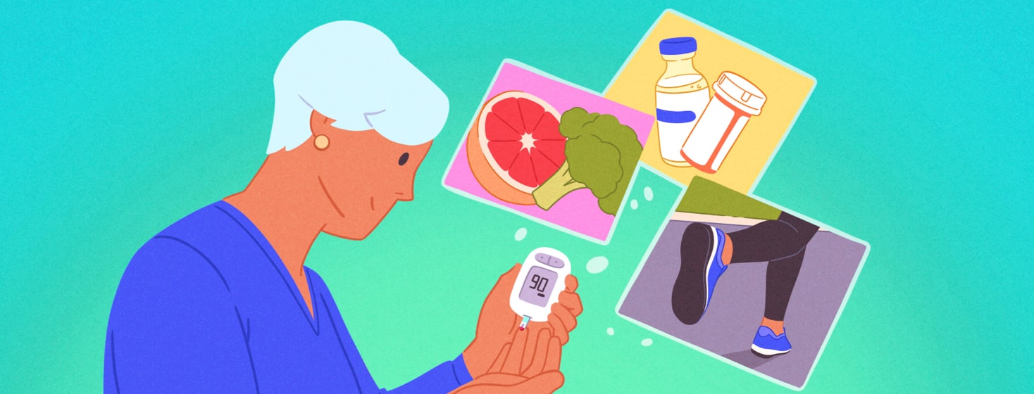 An elderly woman checks her blood sugars as 3 healthy habits that influence stable readings glow over the monitor.