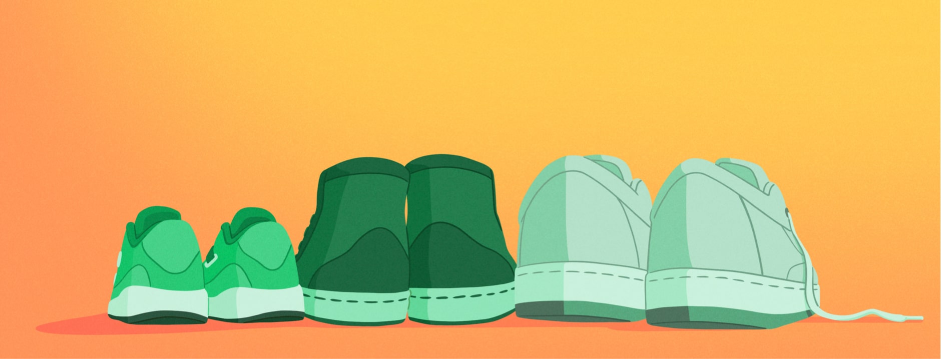 Pairs of three green shoes sit side by side as they progress in size.