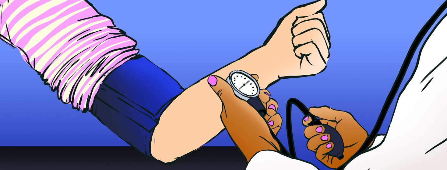 A person with CKD is having their blood pressure taken by a doctor.