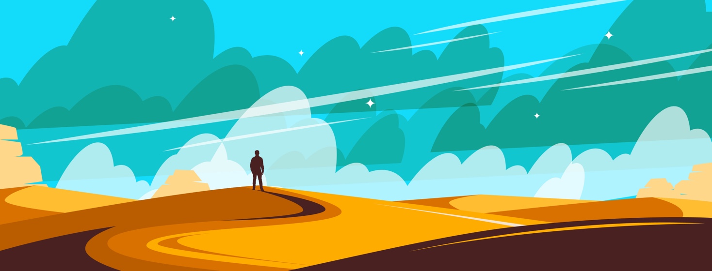 A woman is standing in the desert with a storm coming on the horizon.