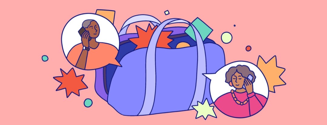 Large and colorful shapes fly out of a duffel bag as two seniors talk to each other on the phone.