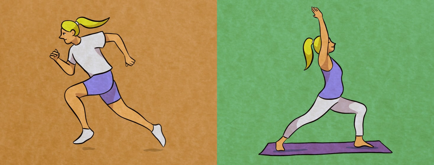 A teenage girl is exercising by running and doing yoga.