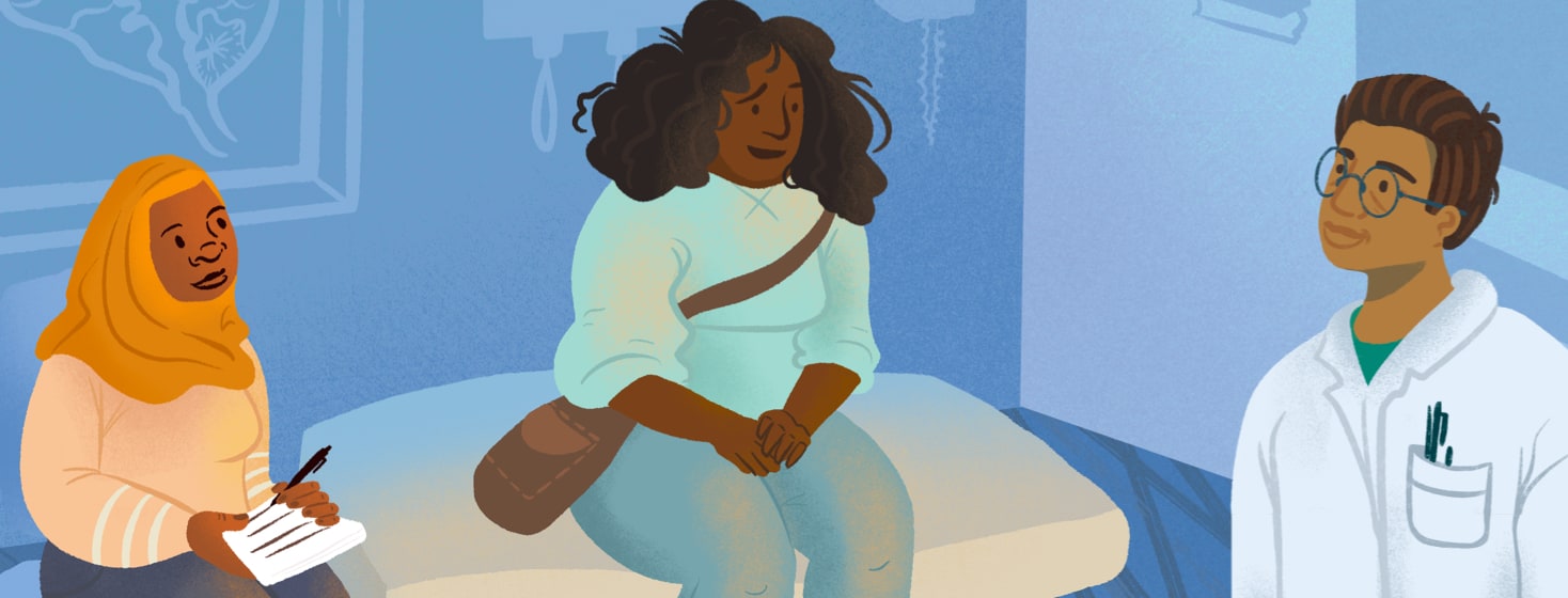 A frazzled patient is talking to her doctor while her friend takes notes in the background.