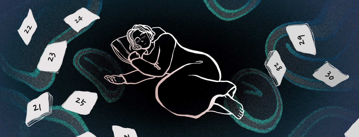 A woman sleeps while melting clocks and calendar pages float around her.