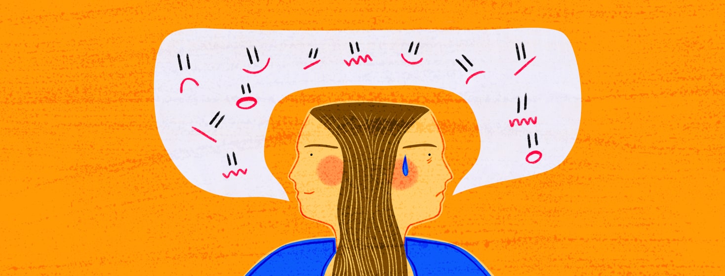 A double faced woman is managing all different emotions that are floating in a bubble overhead.