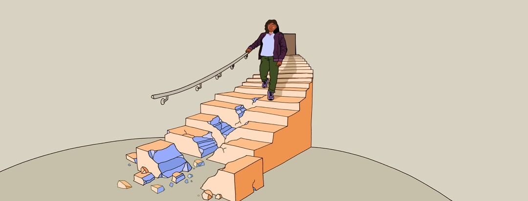 A woman is descending a stair case which is crumbling beneath her.