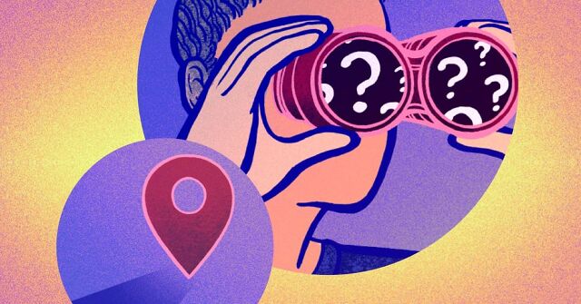 A person looks through a pair of binoculars with question marks in them and a location marker symbol